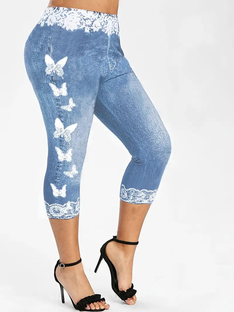 BioBlüte® - Blue Denim Lace Butterfly Capri Jeans