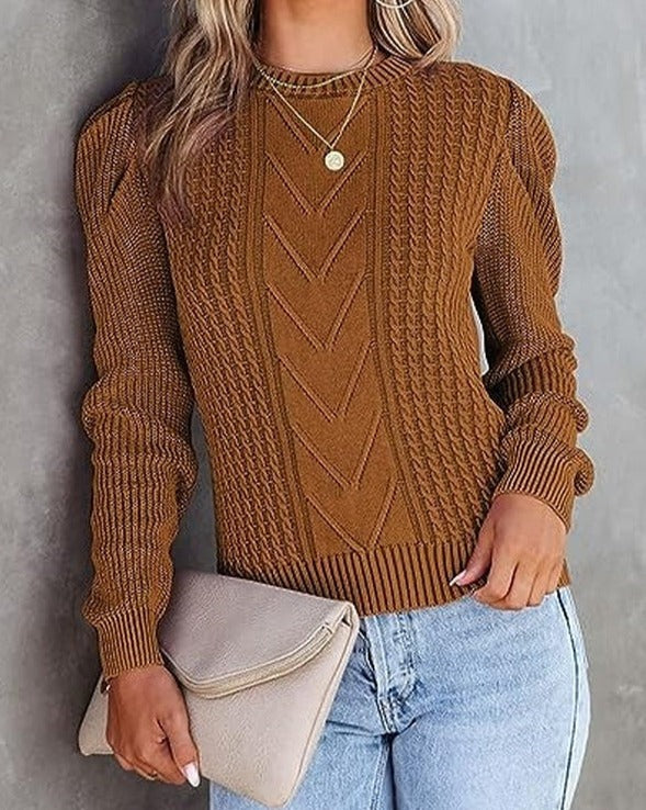 WinterTrend® - Brown plain long-sleeved sweater with round neck