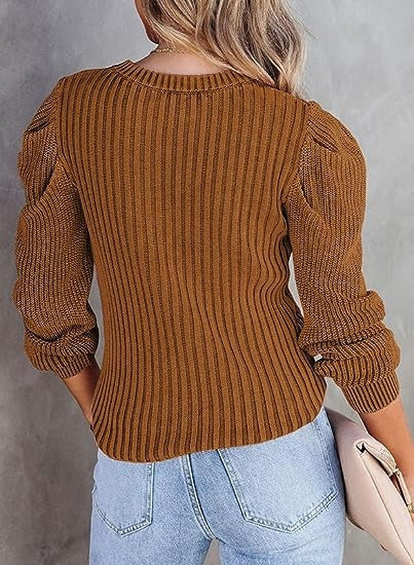 WinterTrend® - Brown plain long-sleeved sweater with round neck