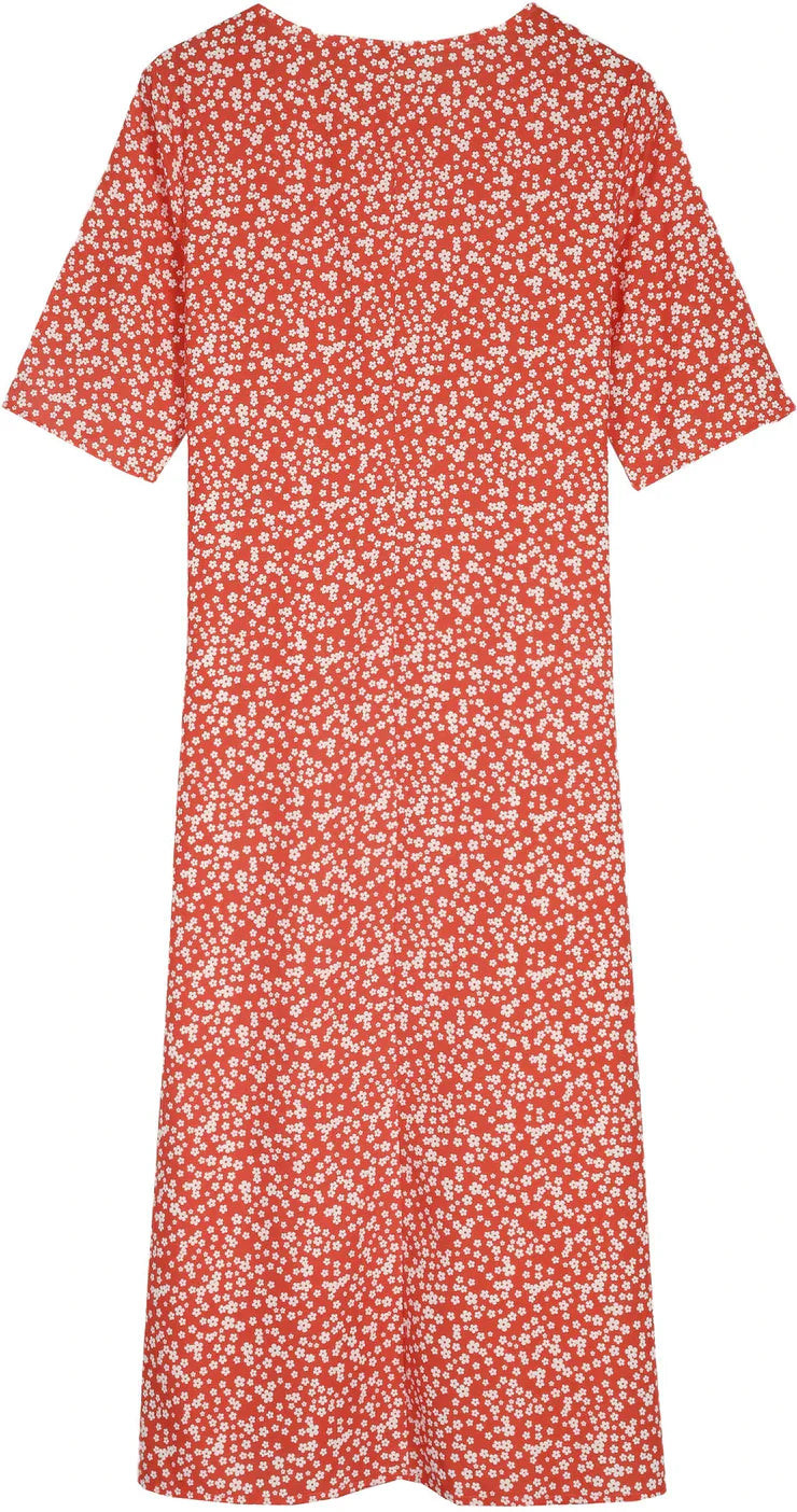 BioBlüte® - Blütenrausch a red midi dress with floral details