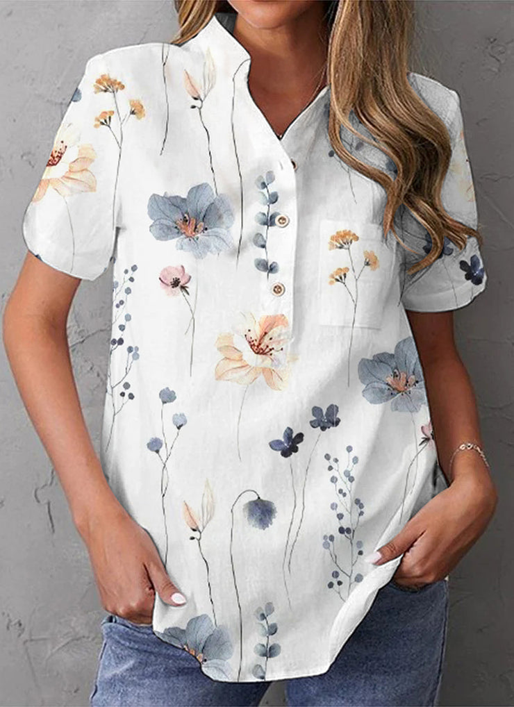 SpringStil® - Watercolor Flower Garden White Short Sleeve Top