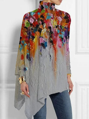 FallStil® - Asymmetrical top with floral watercolor pattern and high neckline