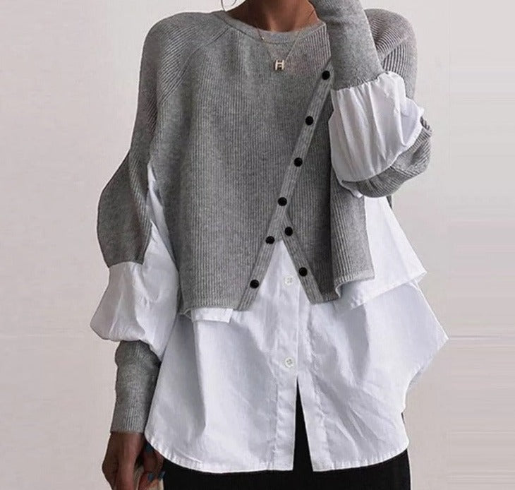 SpringStil® - Grey Knitted Blouse White Twofer Sweater