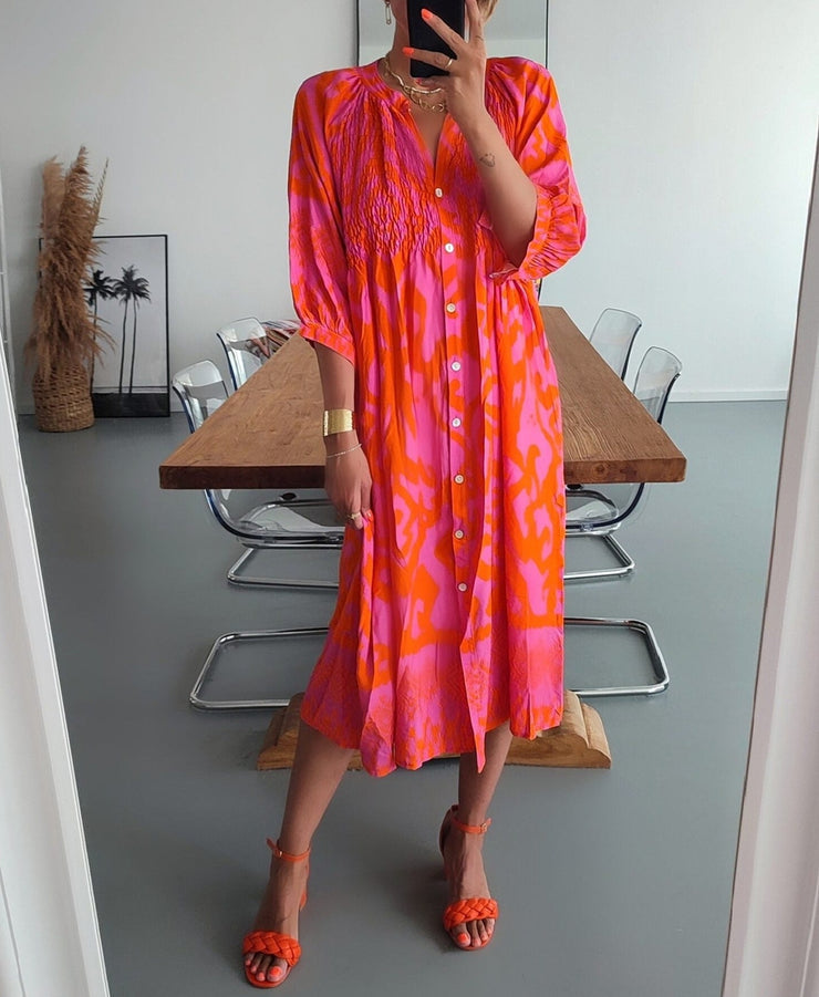 PureWear® - Pink and orange midi dress with gathered button placket