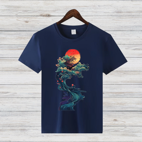 Mystische Natur | Kunstvoll bedrucktes T-Shirt | Japanischer Sonnenuntergang | Stilvolles Baumwollshirt für Wintertage
