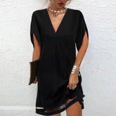 FallStil® - Elegant black mini dress with split sleeves V-neck