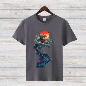 Mystische Natur | Kunstvoll bedrucktes T-Shirt | Japanischer Sonnenuntergang | Stilvolles Baumwollshirt für Wintertage