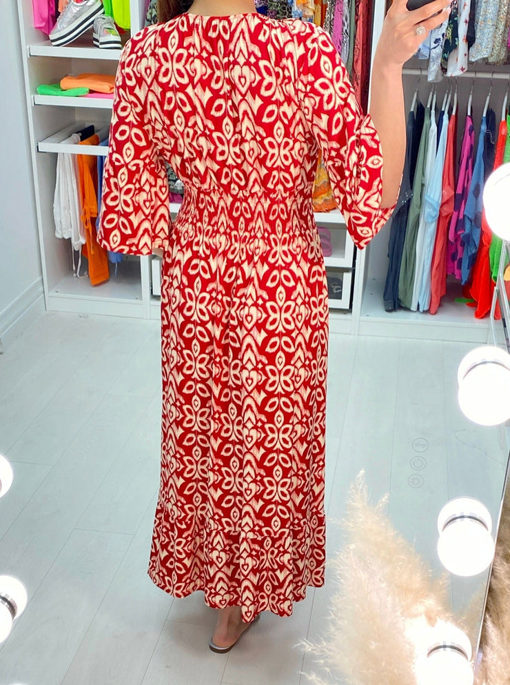 PureWear® - Red mosaic print maxi dress with 3/4 sleeves