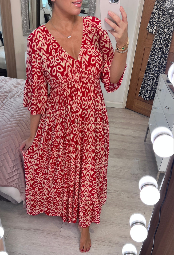 PureWear® - Red mosaic print maxi dress with 3/4 sleeves