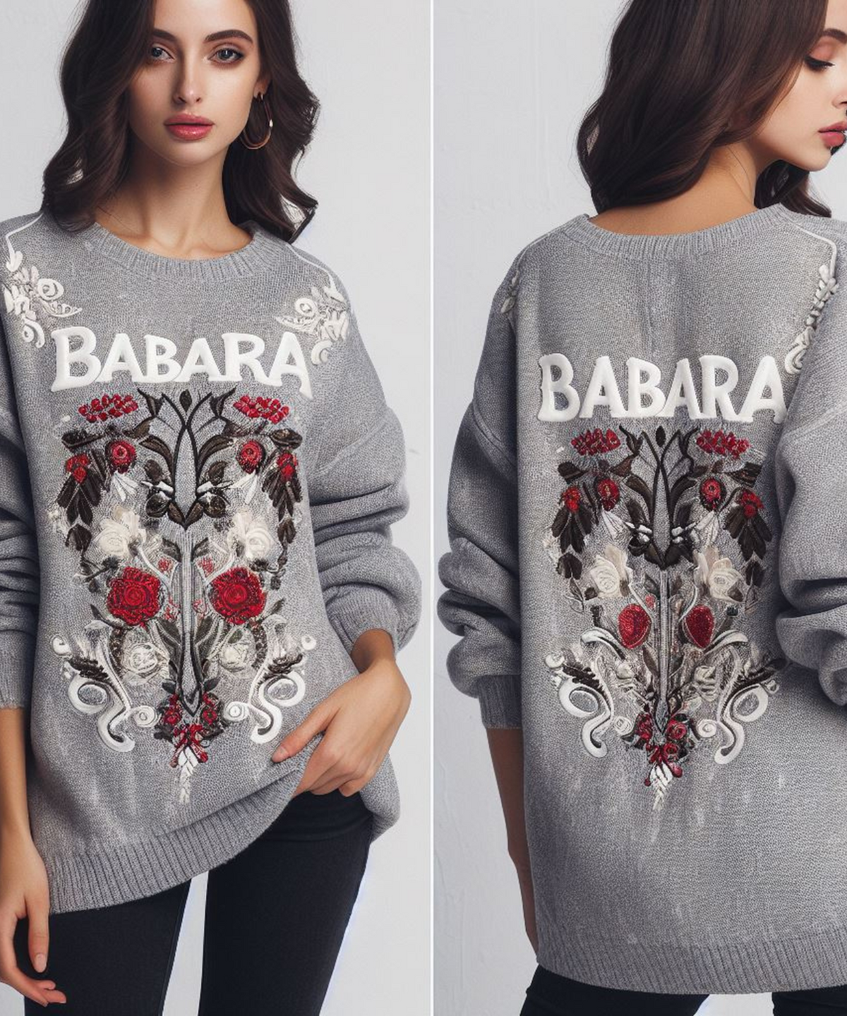 BabaraFashion® - Grey sweater with rose motifs