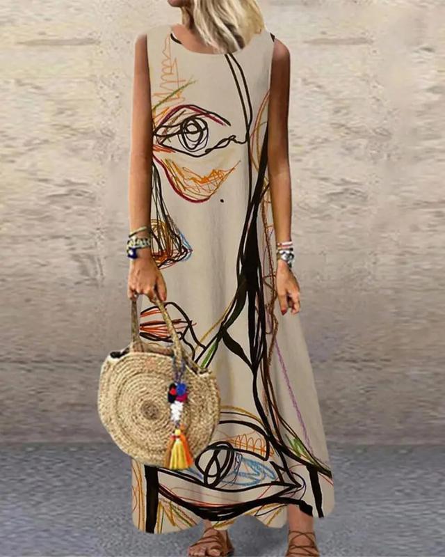 SpringStil® - Abstract Art Apricot Sleeveless Maxi Dress