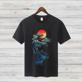 Mystische Natur | Kunstvoll bedrucktes T-Shirt | Japanischer Sonnenuntergang | Stilvolles Baumwollshirt für Wintertage