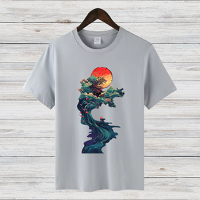 Mystische Natur | Kunstvoll bedrucktes T-Shirt | Japanischer Sonnenuntergang | Stilvolles Baumwollshirt für Wintertage