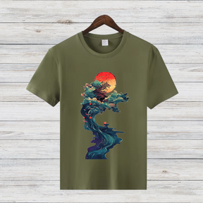 Mystische Natur | Kunstvoll bedrucktes T-Shirt | Japanischer Sonnenuntergang | Stilvolles Baumwollshirt für Wintertage