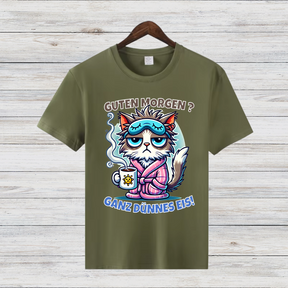 Guten Morgen Katze | Lustiges Statement Shirt | Humorvolles Design für Morgenmuffel | Damen T-Shirt für Wintertage