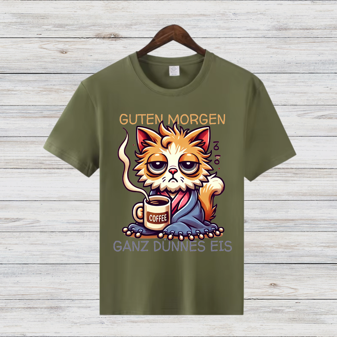 Guten Morgen Katze | Lustiges Statement Shirt | Humorvolles Katzen-Design | Perfekt für Kaffeeliebhaber | Damen T-Shirt für den Winter