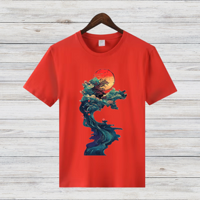 Mystische Natur | Kunstvoll bedrucktes T-Shirt | Japanischer Sonnenuntergang | Stilvolles Baumwollshirt für Wintertage