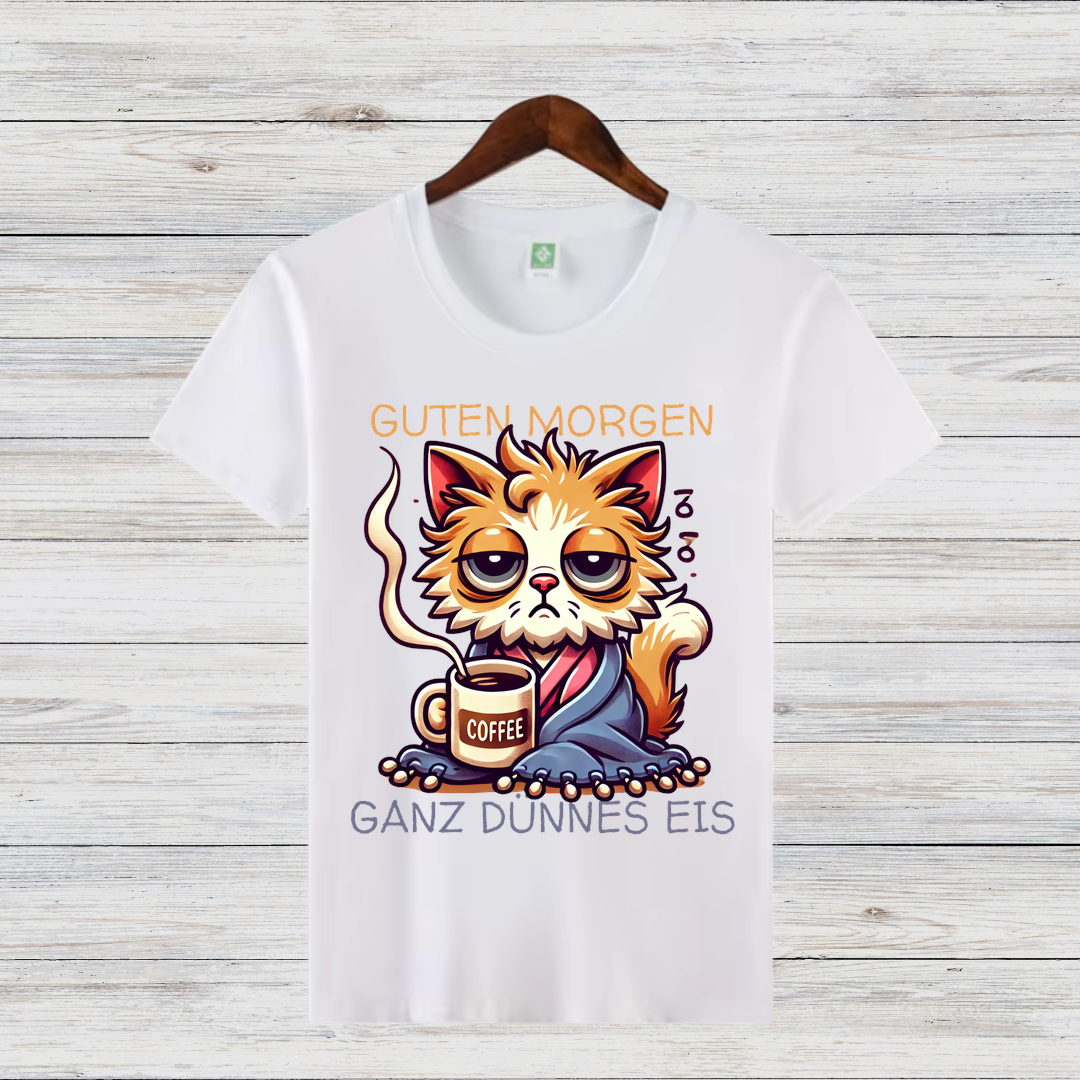 Guten Morgen Katze | Lustiges Statement Shirt | Humorvolles Katzen-Design | Perfekt für Kaffeeliebhaber | Damen T-Shirt für den Winter