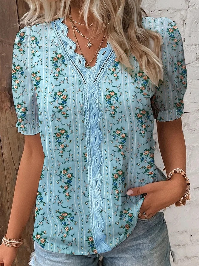 Purewear®- Casual V-neck half sleeve floral shirt in blue