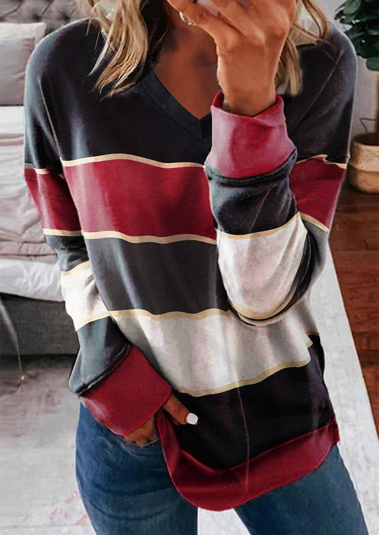 ChristStil® - Color Block Long Sleeve V-Neck Blouse