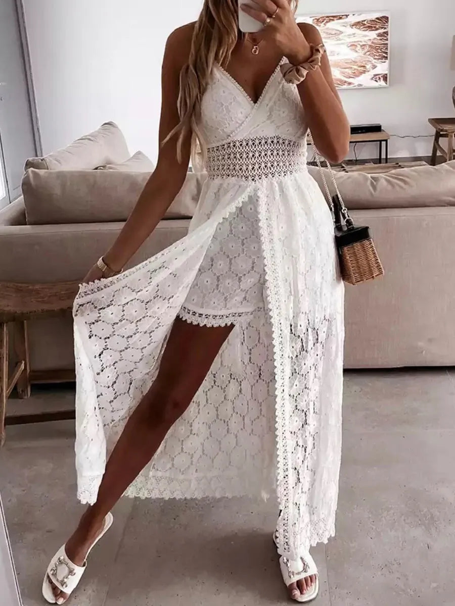 FallStil® - White V-neck lace sleeveless high waist casual women's jumpsuit