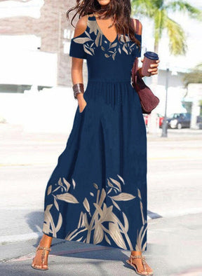 SpringStil® - Cobalt blue summer maxi dress with pleated V-neck and cold shoulders