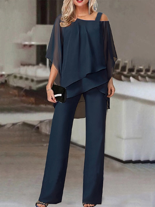 BlütenBliss® - Navy two-piece ruched top and cold shoulder pants set