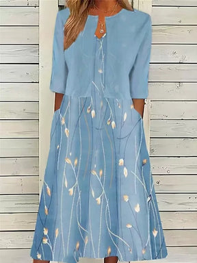 PureWear® - Blue two-piece midi dress with half sleeves and floral print