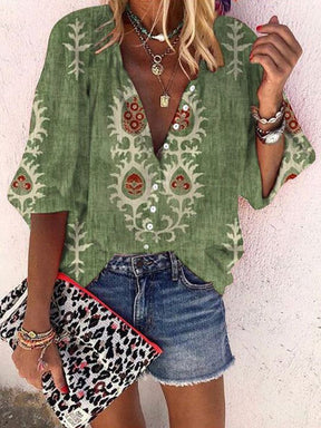 SpringStil® - Green boho blouse with deep V-neck