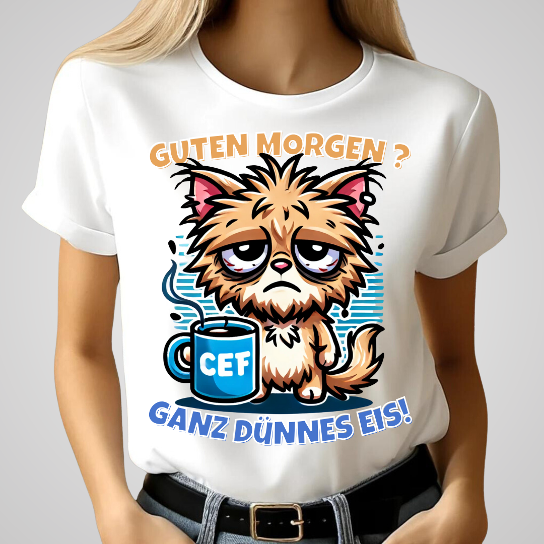 Guten Morgen Shirt | Lustiges Katzen T-Shirt | Humorvolles Statement für Morgenmuffel | Perfekt für kalte Wintertage