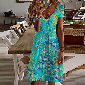 SpringStil® - Ocean blue knee-length mini dress with mandala print and short sleeves