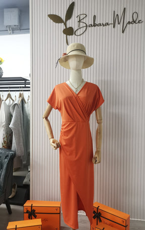 FallStil® - Orange solid V-neck midi dress