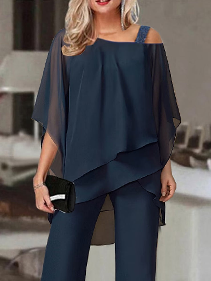 BlütenBliss® - Navy two-piece ruched top and cold shoulder pants set