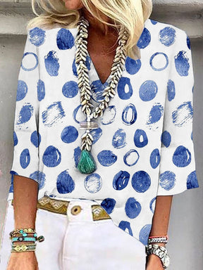 FallStil® - Abstract blue dotted white v-neck tunic top