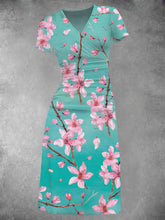 BlütenBliss® - Watercolor Cherry Blossom Midi Dress for Women