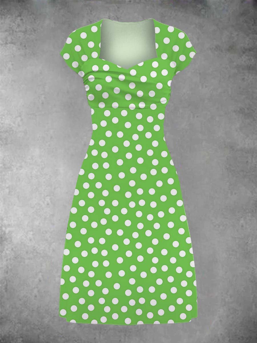 EcoExotica® - Women's lime retro patchwork midi dress with polka dots