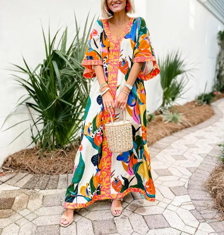 BlütenBliss® - Orange maxi dress with 3/4 sleeves