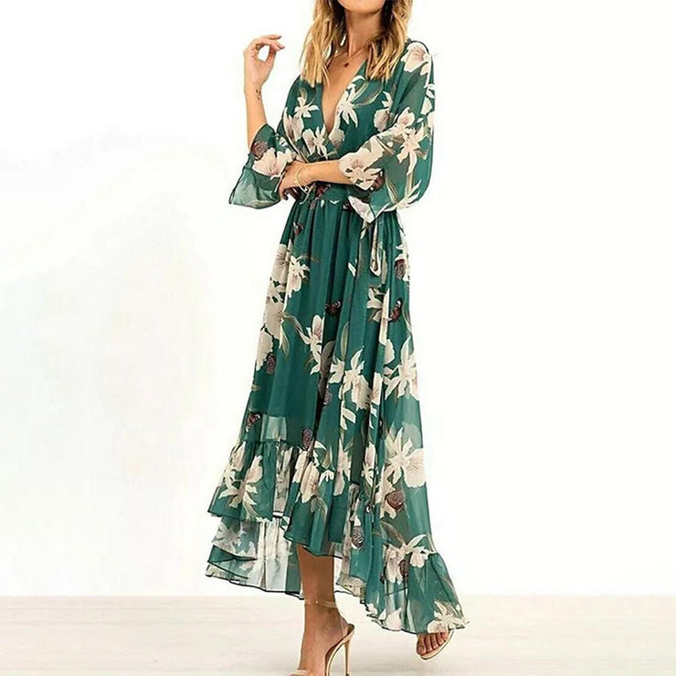 FallStil® - Green long sleeve V-neck maxi dress