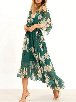 FallStil® - Green long sleeve V-neck maxi dress