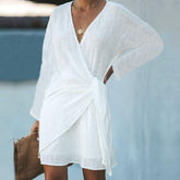 PureWear® - White Long Sleeve Tie Side Wrap Summer Mini Dress