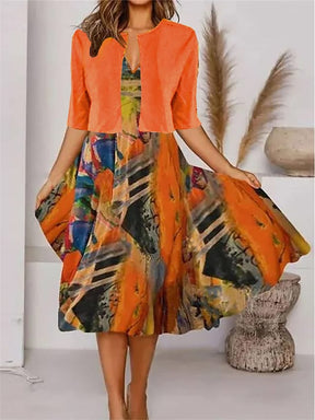 FallStil® - Orange midi dress with half sleeves and V-neck