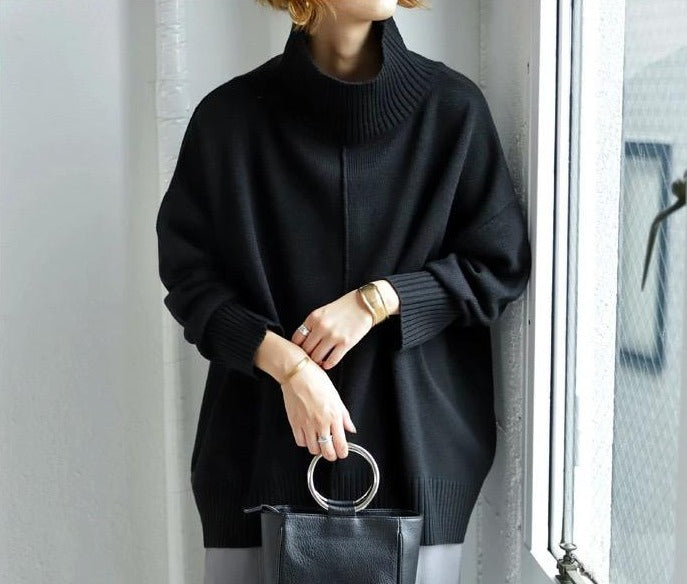 Monci® - Black plain long-sleeved sweater with high neck