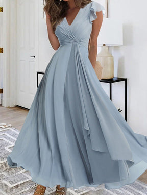 PureWear® - Powder blue maxi dress with V-neck and gathered sleeves